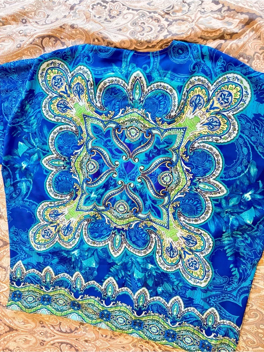 CHICO’S Silky Turquoise & Blue Paisley Medallion Open-Front Kimono Wrap Cardigan